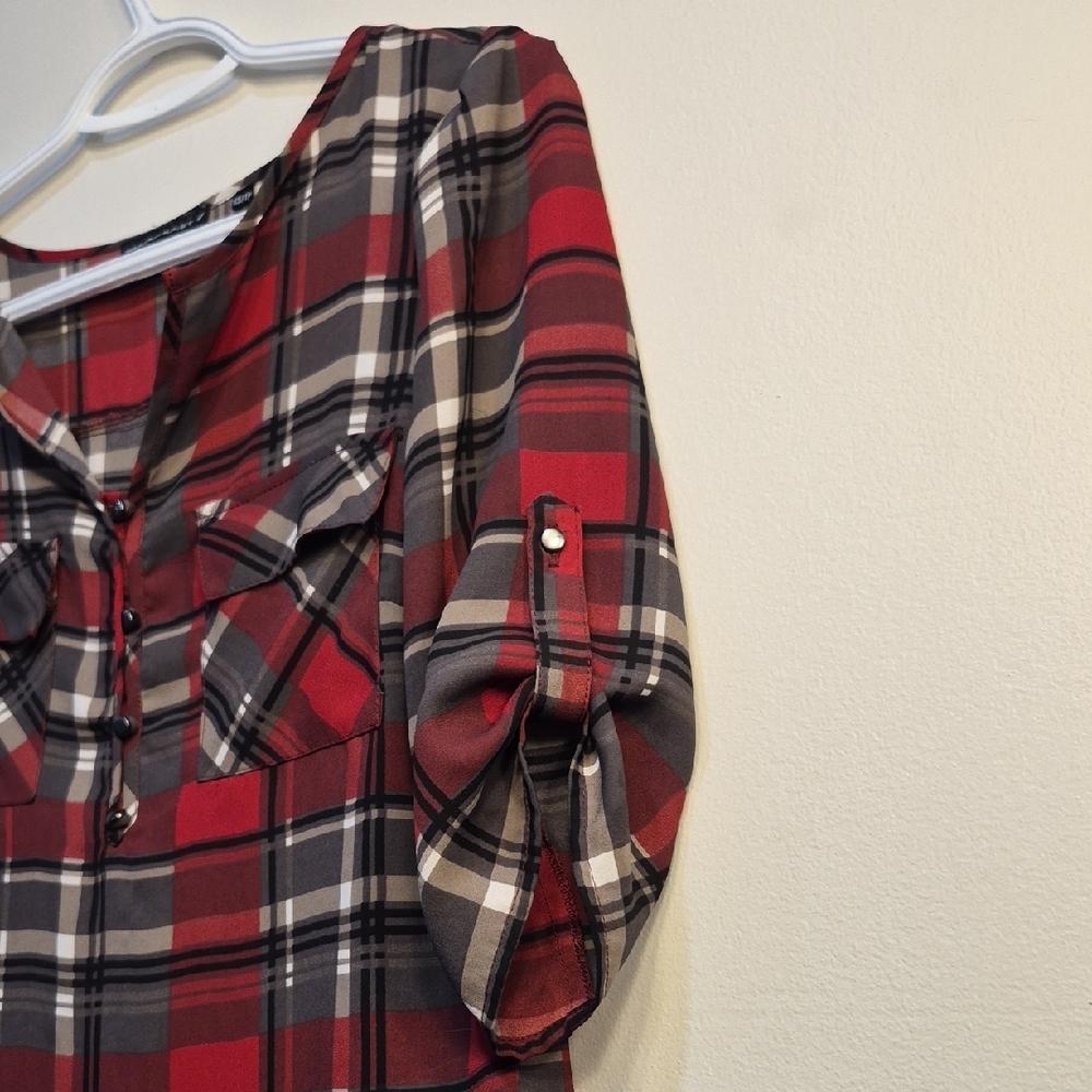 William Rast Red and Gray Plaid Button-Front Tunic - Picture 6 of 10